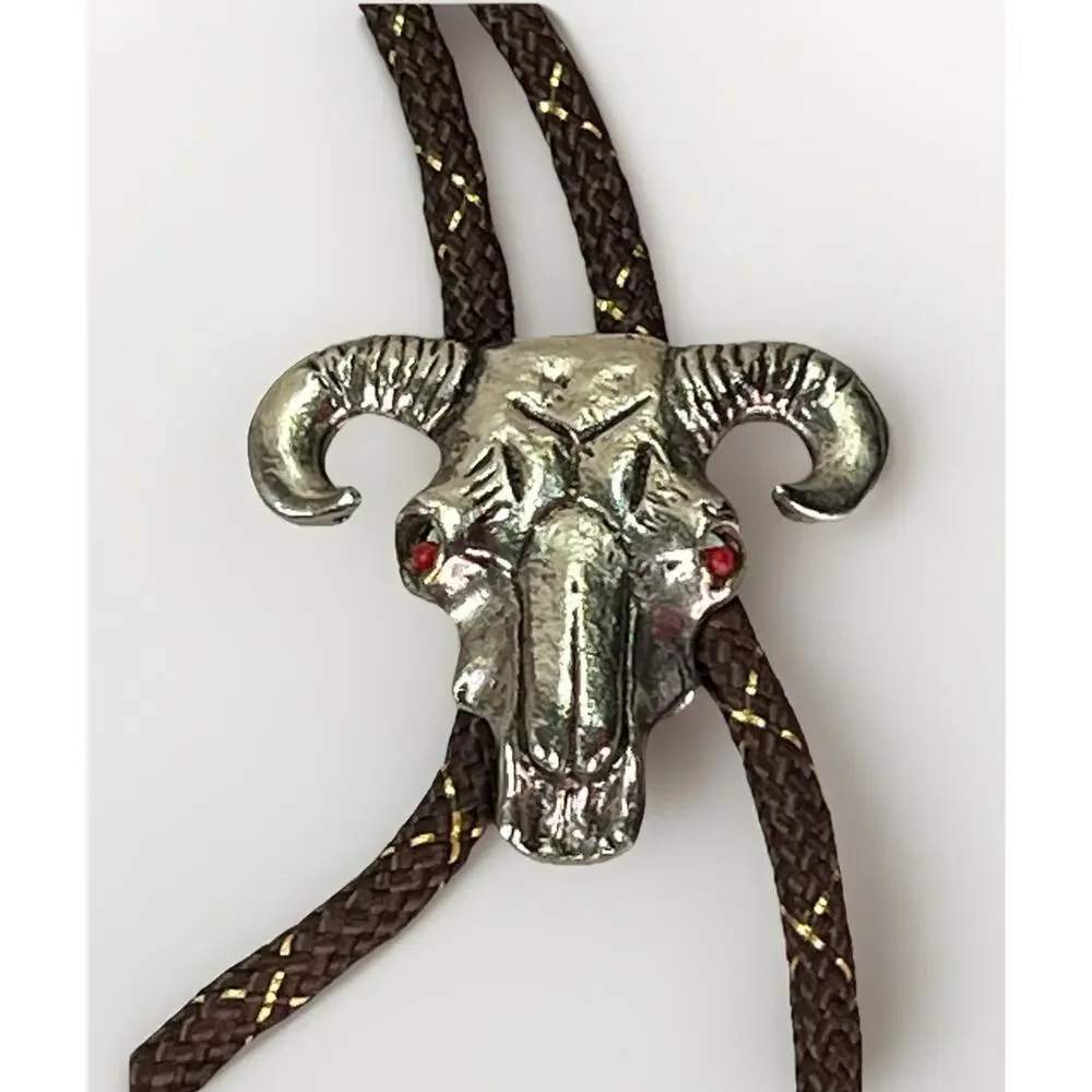 Western Ram Skull Bolo Tie Silver Tone Red Eyes Brown Braided Cord 33”